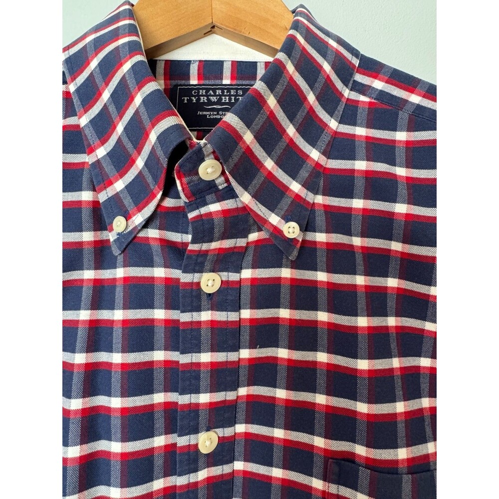 Charles Tyrwitt Blue White Red Plaid Patriotic Long Sleeve  Oxford Shirt Large
